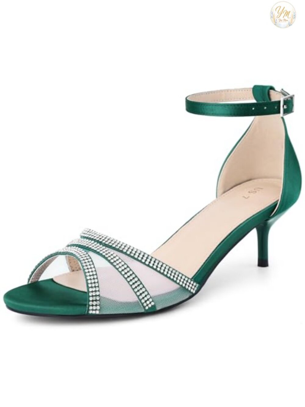 Rhinestone Mesh Kitten Heel Sandals with Ankle Strap Open Toe Satin